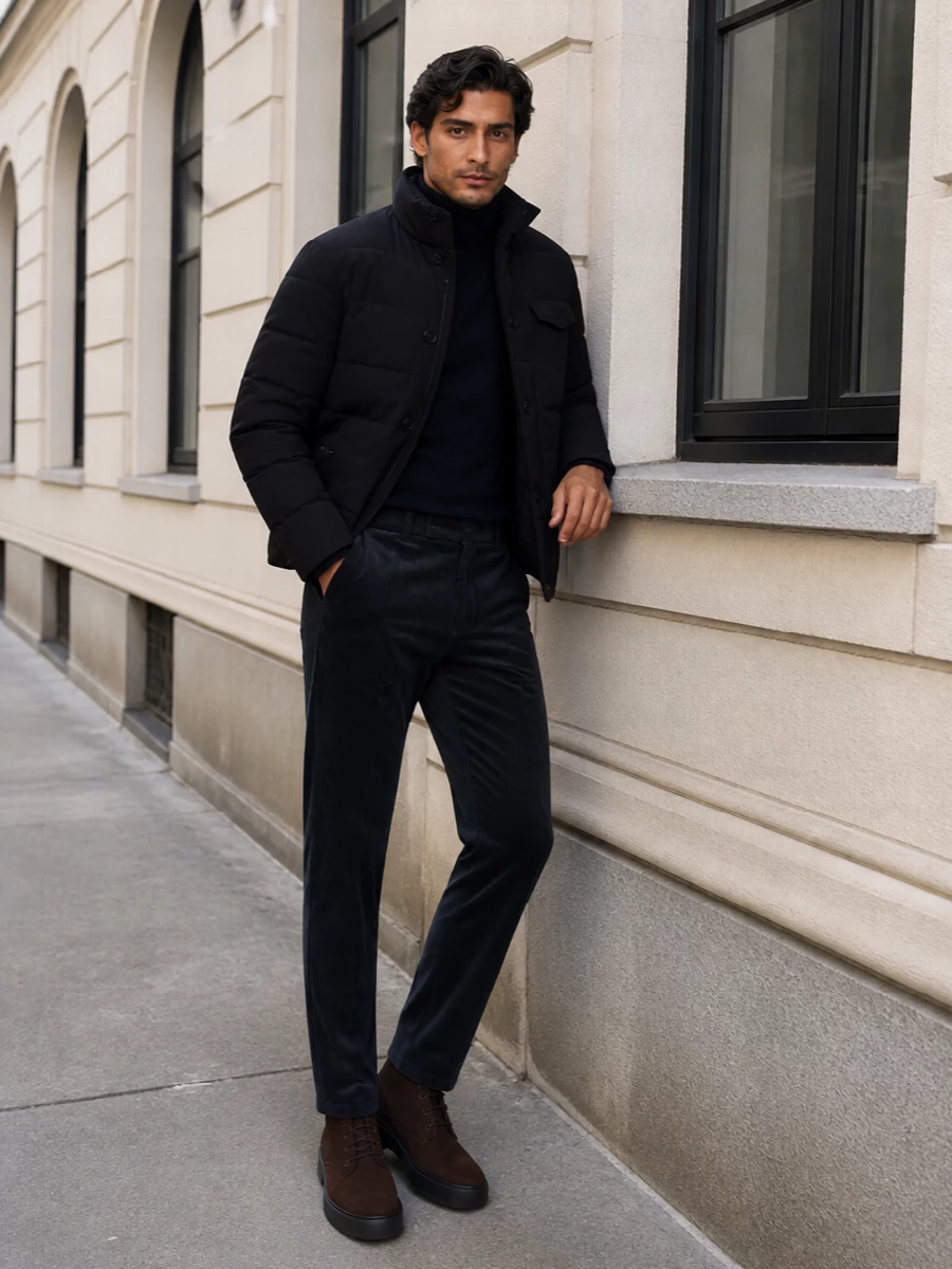 Paul smith padded jacket turtleneck boots outfit
