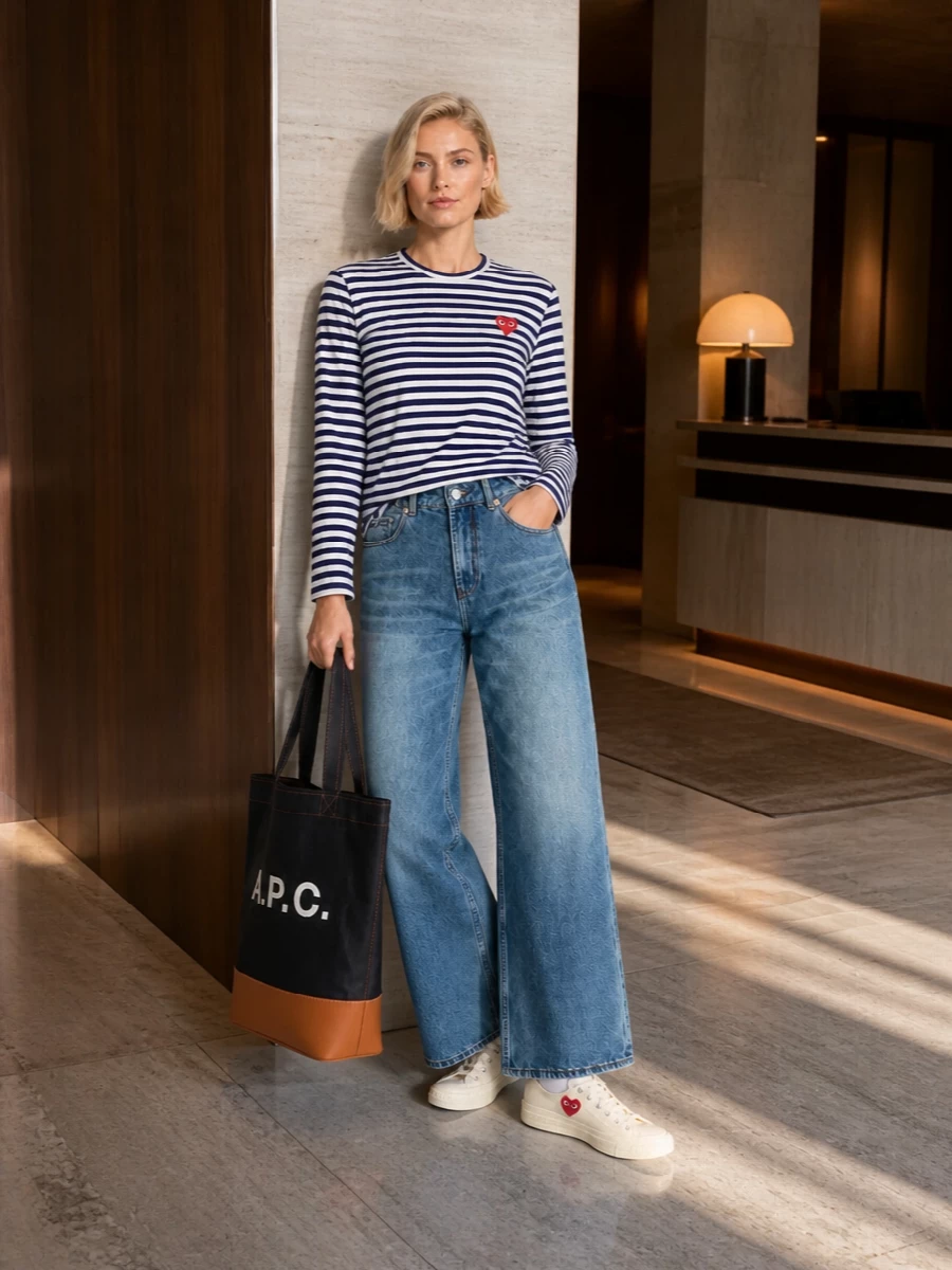 Graphic stripes stay relaxed with softly faded wide-leg denim and a light, low-top sneaker that echoes the tee’s playful red accent. The navy canvas tote and tonal accessories keep everything grounded, giving a clean, city-ready uniform that still feels easy and fun for daytime errands or coffee runs.