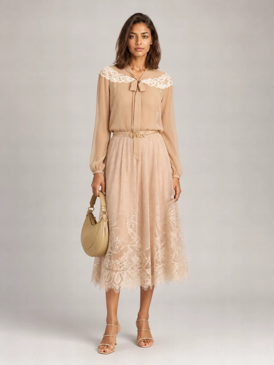 Chloé Silk Lace-Trim Tie-Neck Blouse