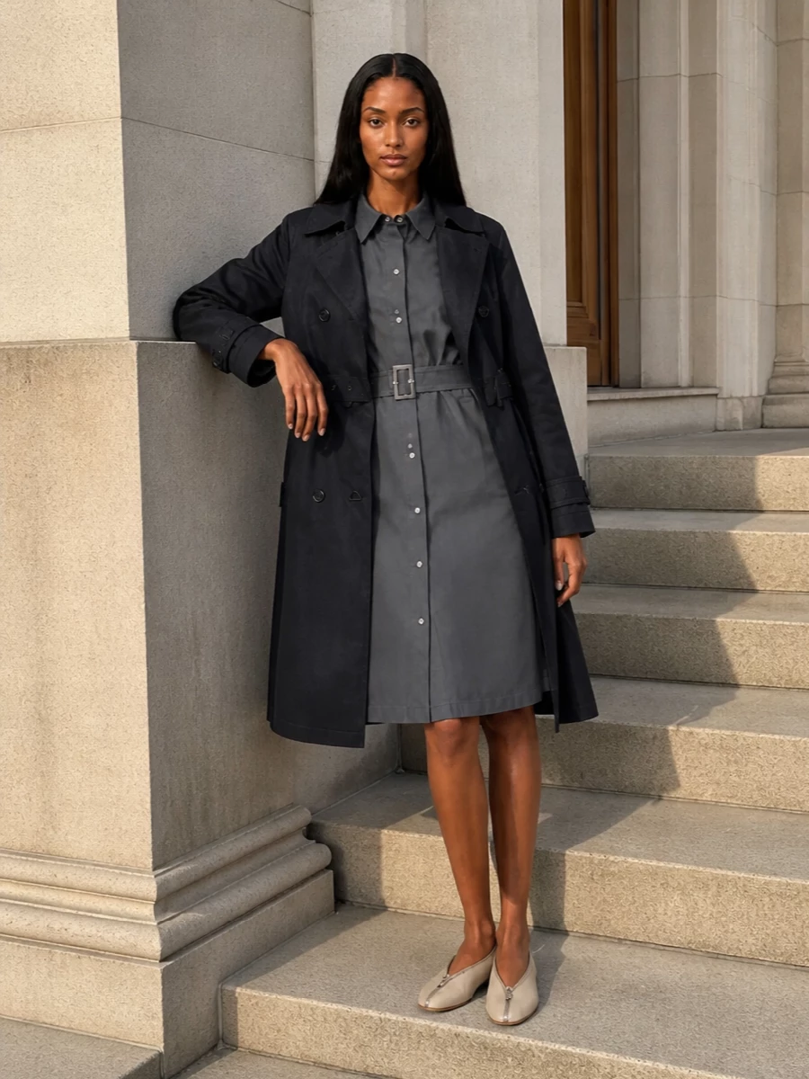I’m styling the trench with a dress rather than separates so the outerwear can sit over a clean, uninterrupted column and keep the mood focused and quietly refined. The charcoal shirt dress, pale flats and taupe top-handle tote create a tonal, city-ready combination that works for long days where you want structure without feeling formal. Dark, tailored layers are softened with lighter accessories so the whole ensemble reads intentional and modern rather than heavy.