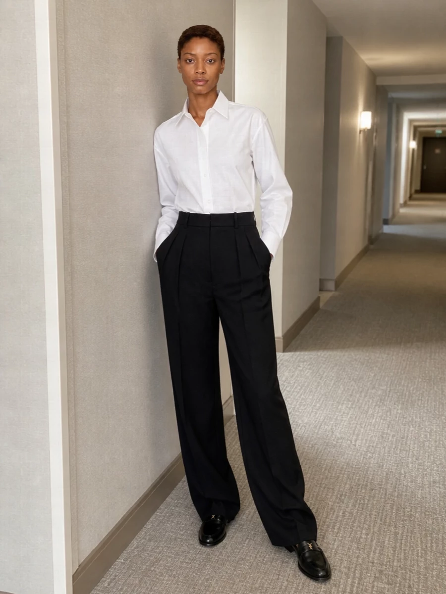 This is a sharply tailored Saint Laurent uniform built around clean contrasts: a precise white shirt, deep-black pleated wide-leg trouser, and sleek black loafers. The high rise and volume of the trouser balance the low, minimal shoe, while the curved black baguette bag quietly echoes the gold hardware at the foot. It reads polished, modern and assured for days that move smoothly from office to late dinner.