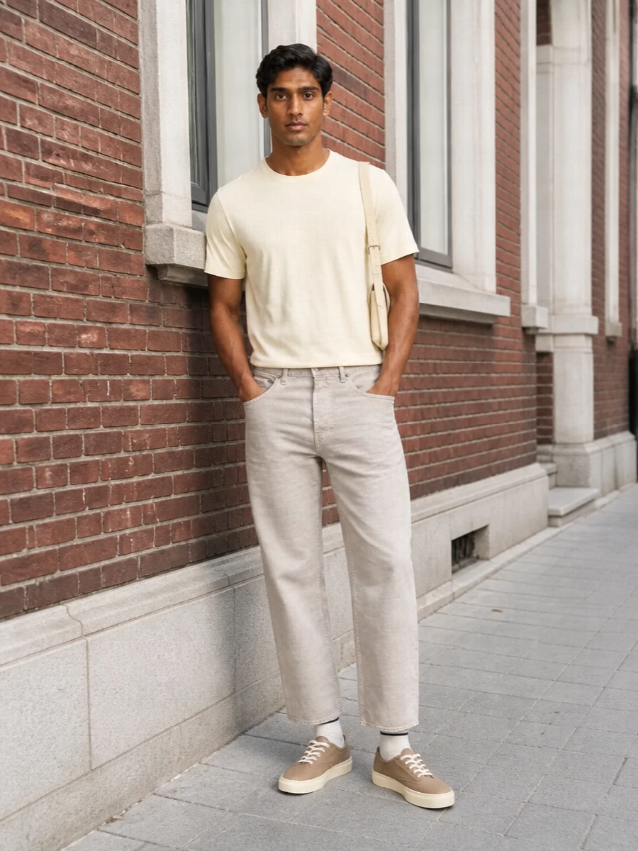Soft stone jeans and a buttercream tee create a quiet, tonal base that feels relaxed but considered. Taupe canvas sneakers and a slim buttercream shoulder bag keep everything light and minimal, with just enough texture and detail to feel intentional for warm city days.
