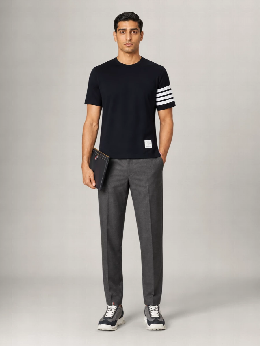 Thom Browne Striped Cotton Asymmetric-Hem T-Shirt