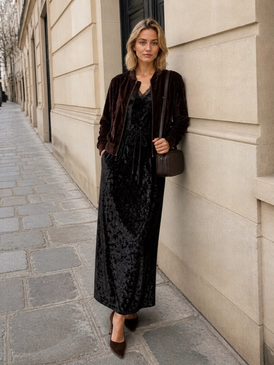 Emporio armani velvet bomber evening dress outfit