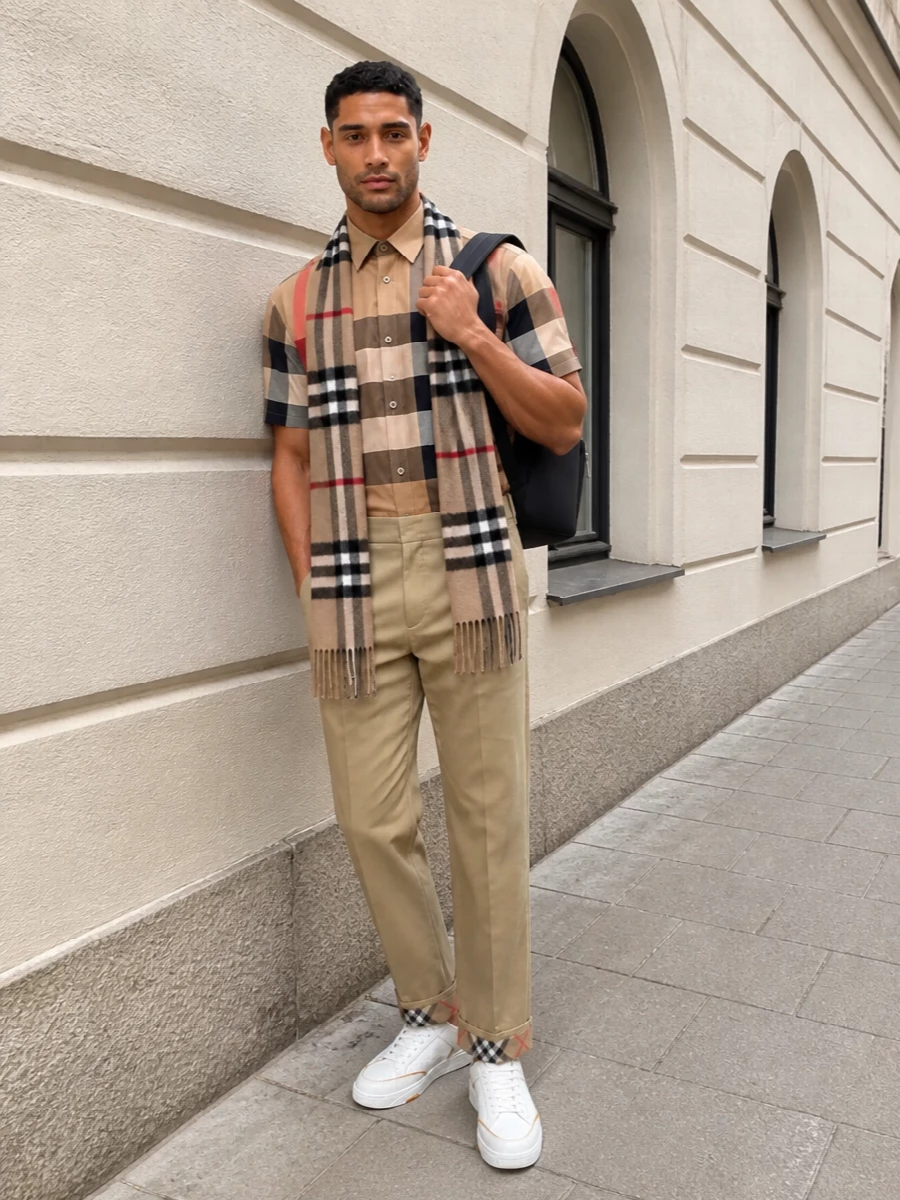 Camel chinos with a discreet check cuff let the macro-check shirt stay center stage, keeping the outfit sharp yet relaxed for city days. Clean white court sneakers and a minimal black backpack pull it into a modern, street-preppy lane that still reads distinctly Burberry. A classic camel check scarf completes the story with just enough winter texture and heritage detail.