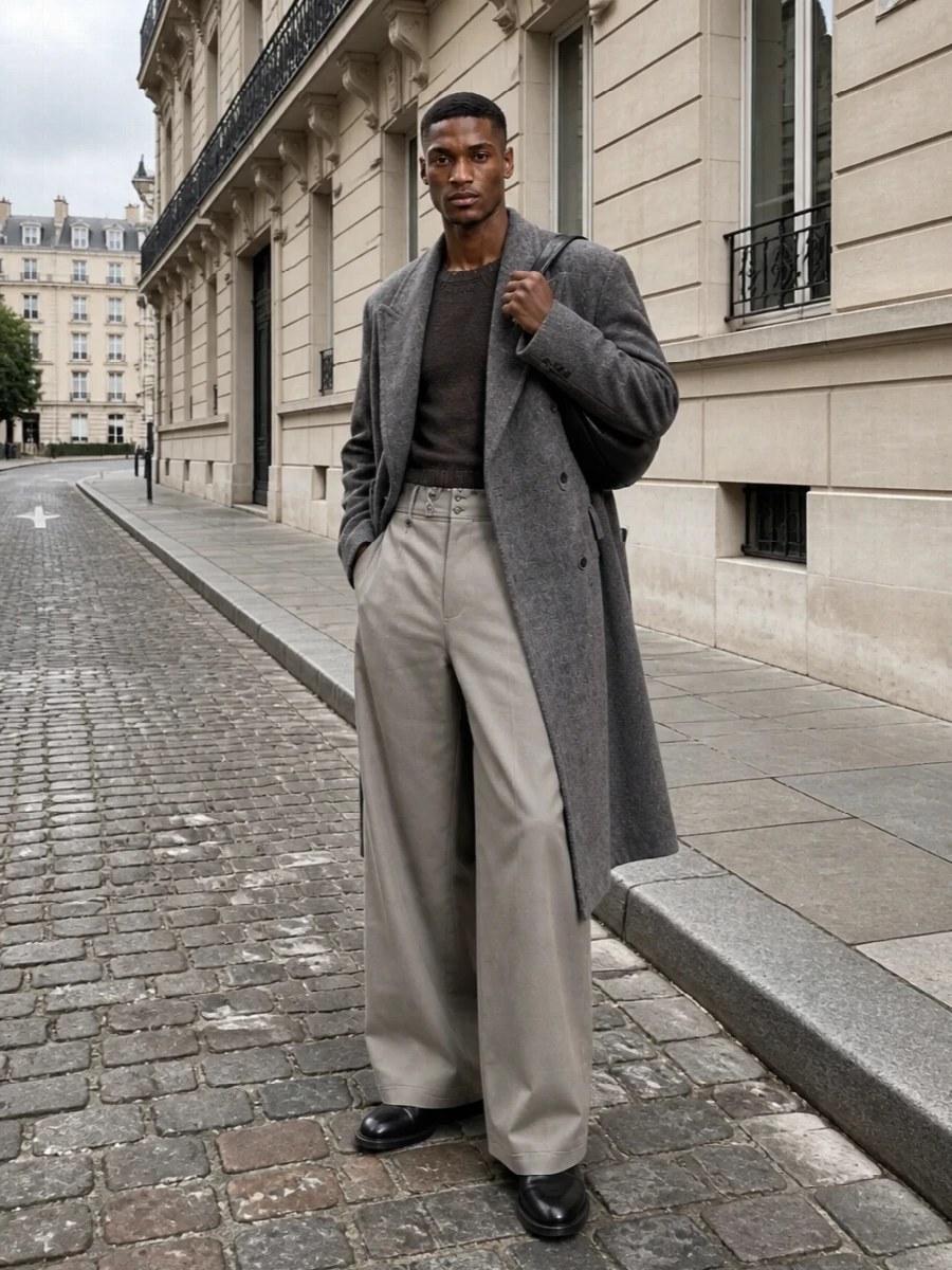 Uma wang grey coat wide leg trousers outfit