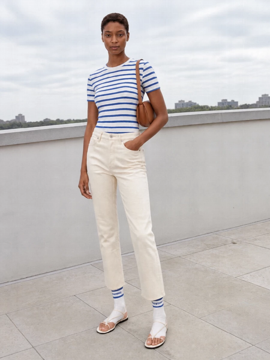 Jil sander striped tee ivory trousers outfit