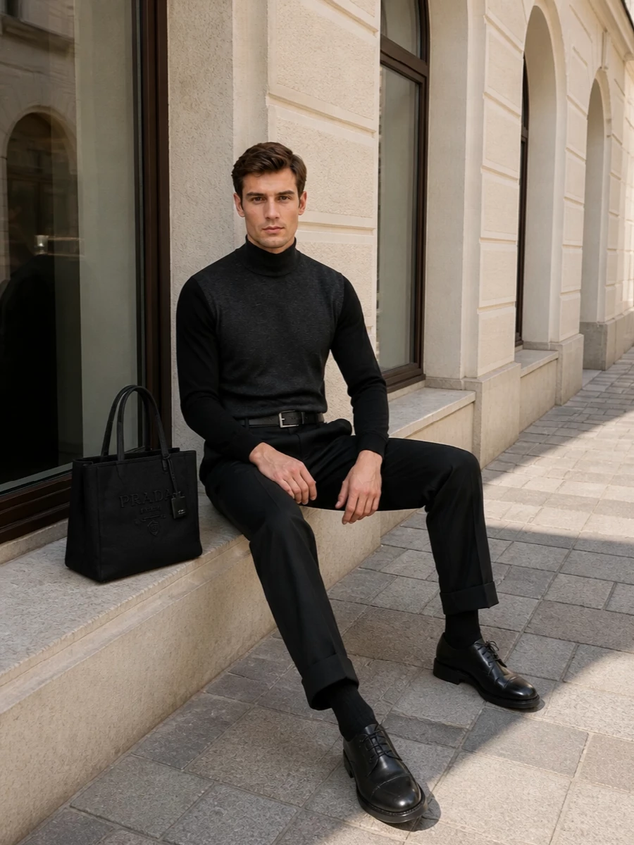 A deep charcoal and black column keeps the focus on line and proportion, from the soft turtleneck through the relaxed, cuffed trouser to the polished derby. The result is a sharply disciplined, office-to-dinner uniform, finished with a structured black tote and a precise leather belt for quiet definition at the waist.