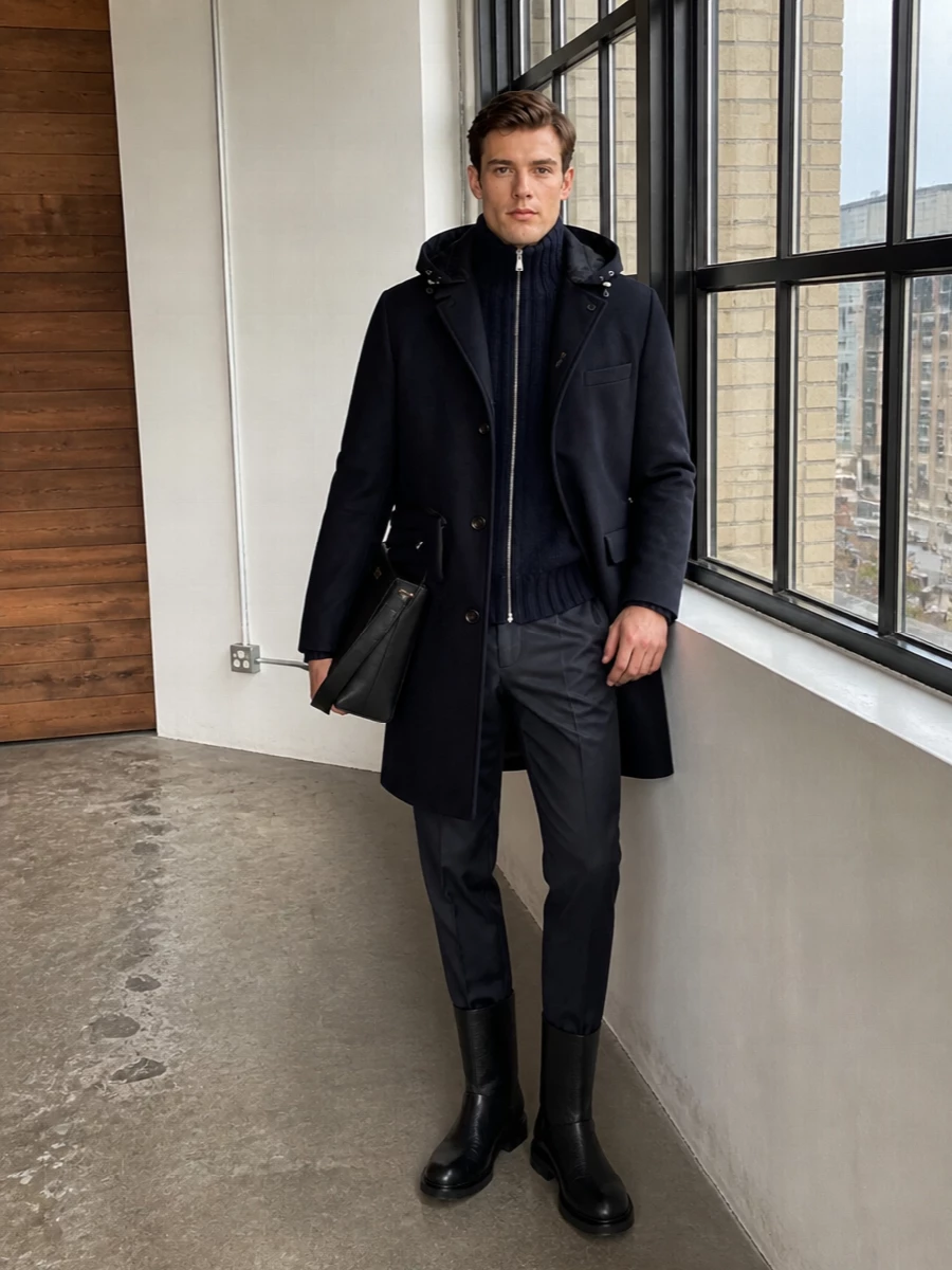 Moorer navy coat tailored trousers fendi boots