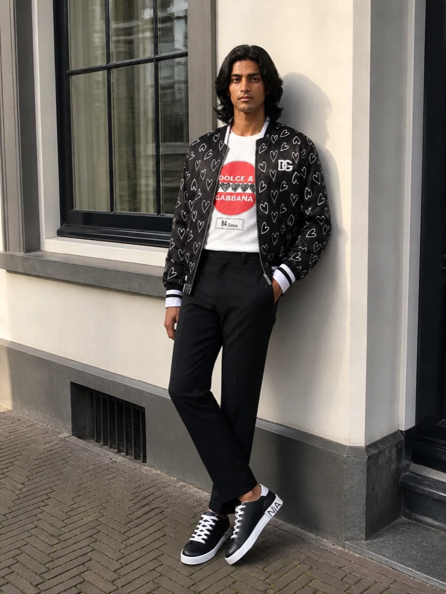 Dolce gabbana heart bomber black trousers outfit