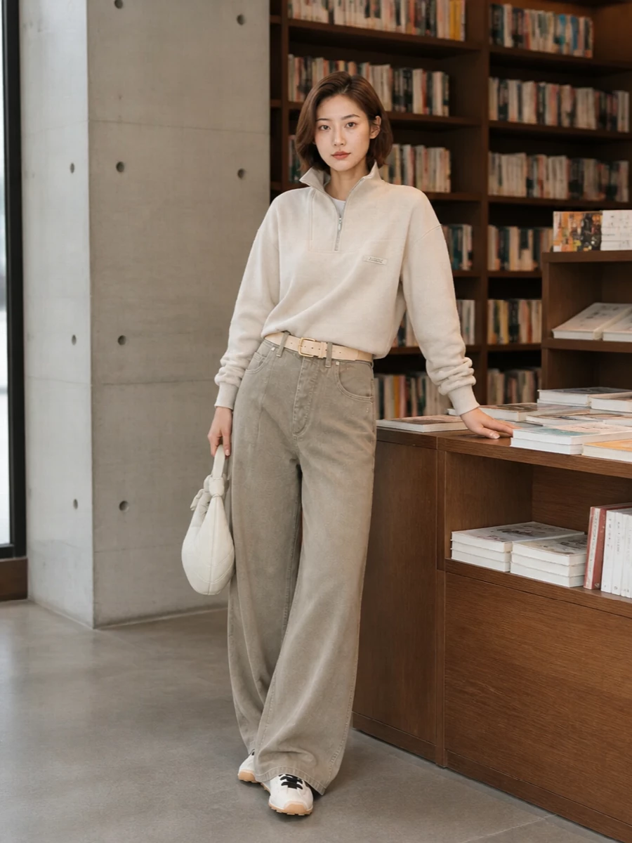 A soft beige Jacquemus mock-neck knit is grounded with sculptural taupe ultra-wide-leg trousers for a relaxed yet distinctly designer silhouette in sun-washed neutrals. Off-white slim runners keep the mood sporty-minimal, while a curved ivory Lemaire hobo and a nude-blush belt add quiet structure and refinement without disturbing the ease. The result is an elevated off-duty look that feels effortless for SS city days and travel alike.