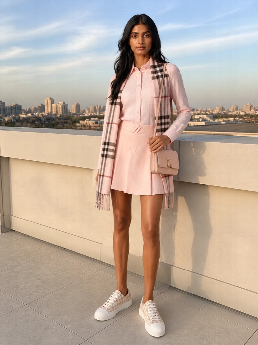 Burberry blush shirt mini skirt sneakers
