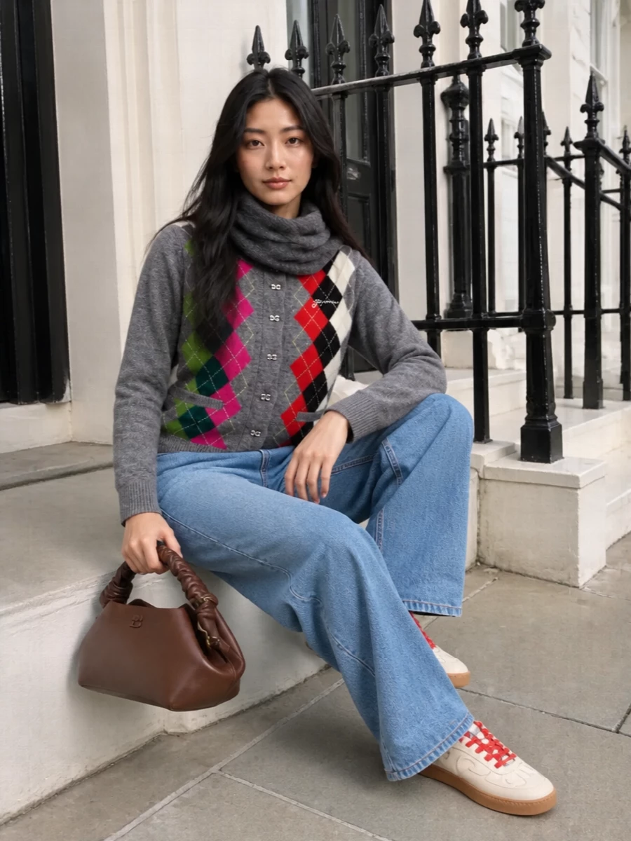 Ganni argyle cardigan wide leg jeans outfit