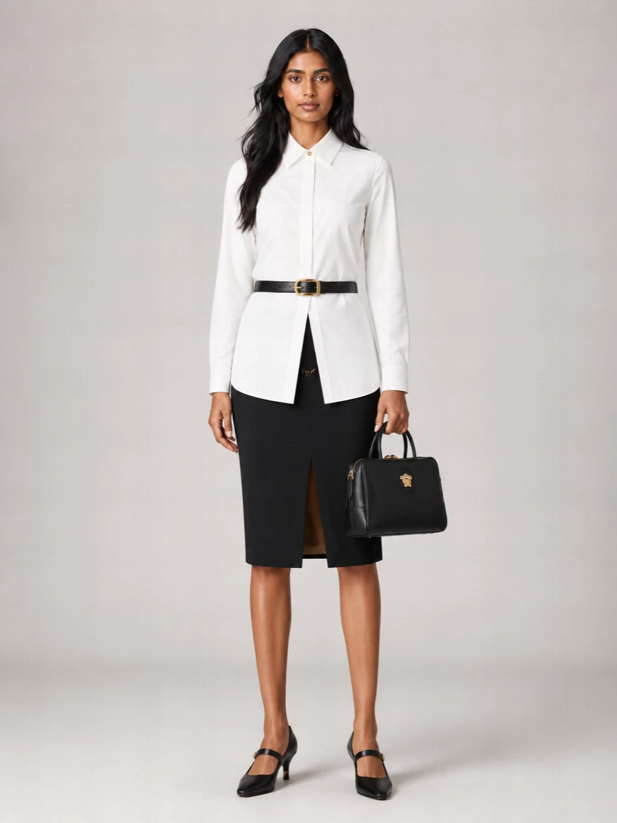Versace Virgin Wool Skirt Front Slit Belt Detail