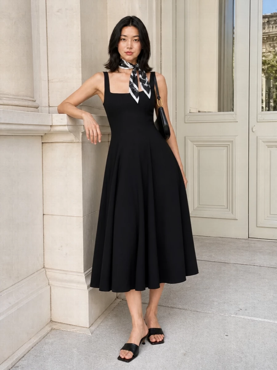 Staud black midi dress aeyde mules staud bag