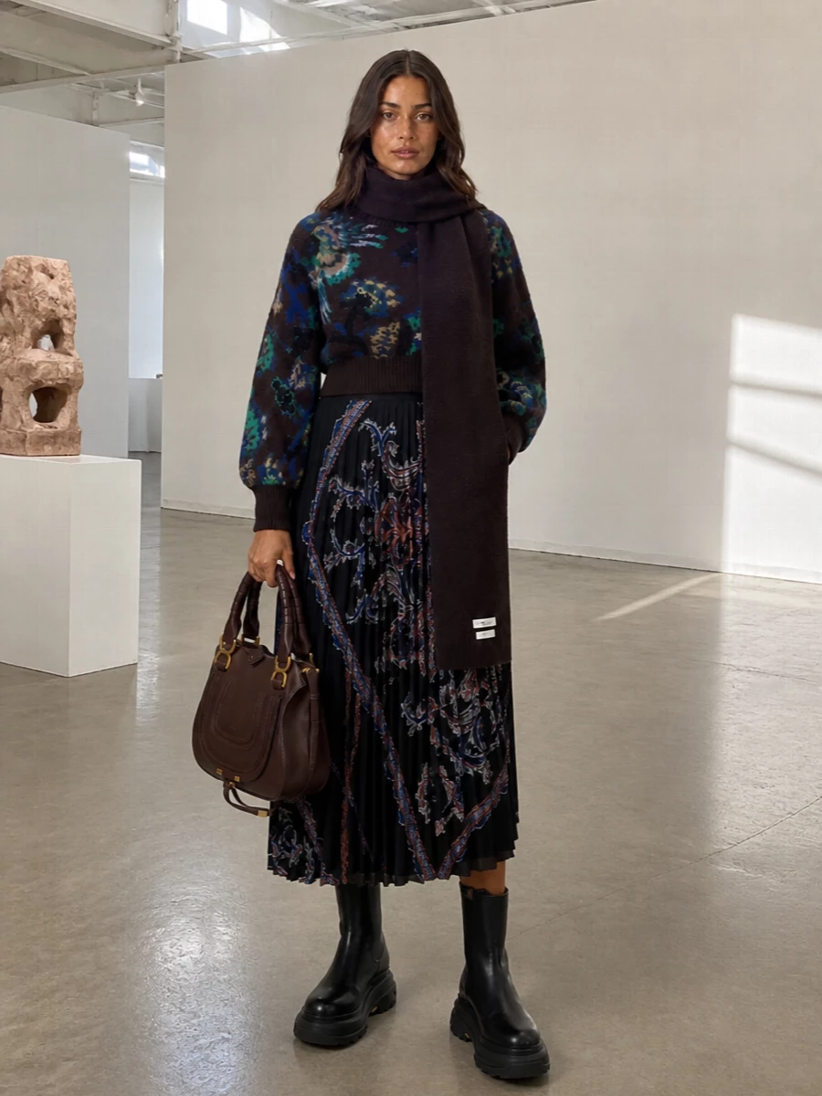 Sacai floral cardigan pleated midi skirt outfit