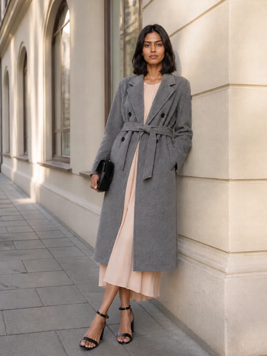 Max mara grey coat blush cape dress outfit