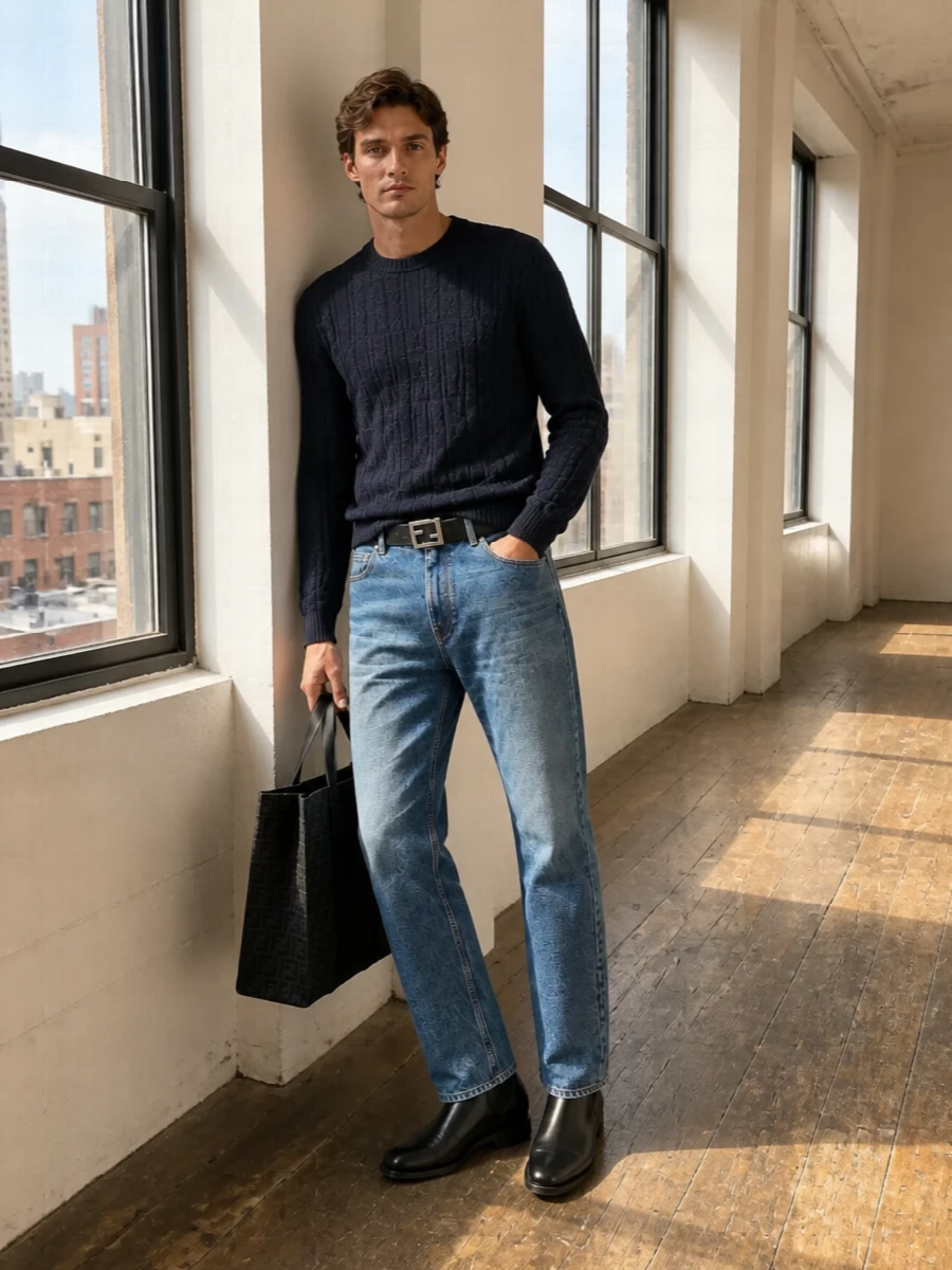 Fendi mens navy sweater and jeans outfit