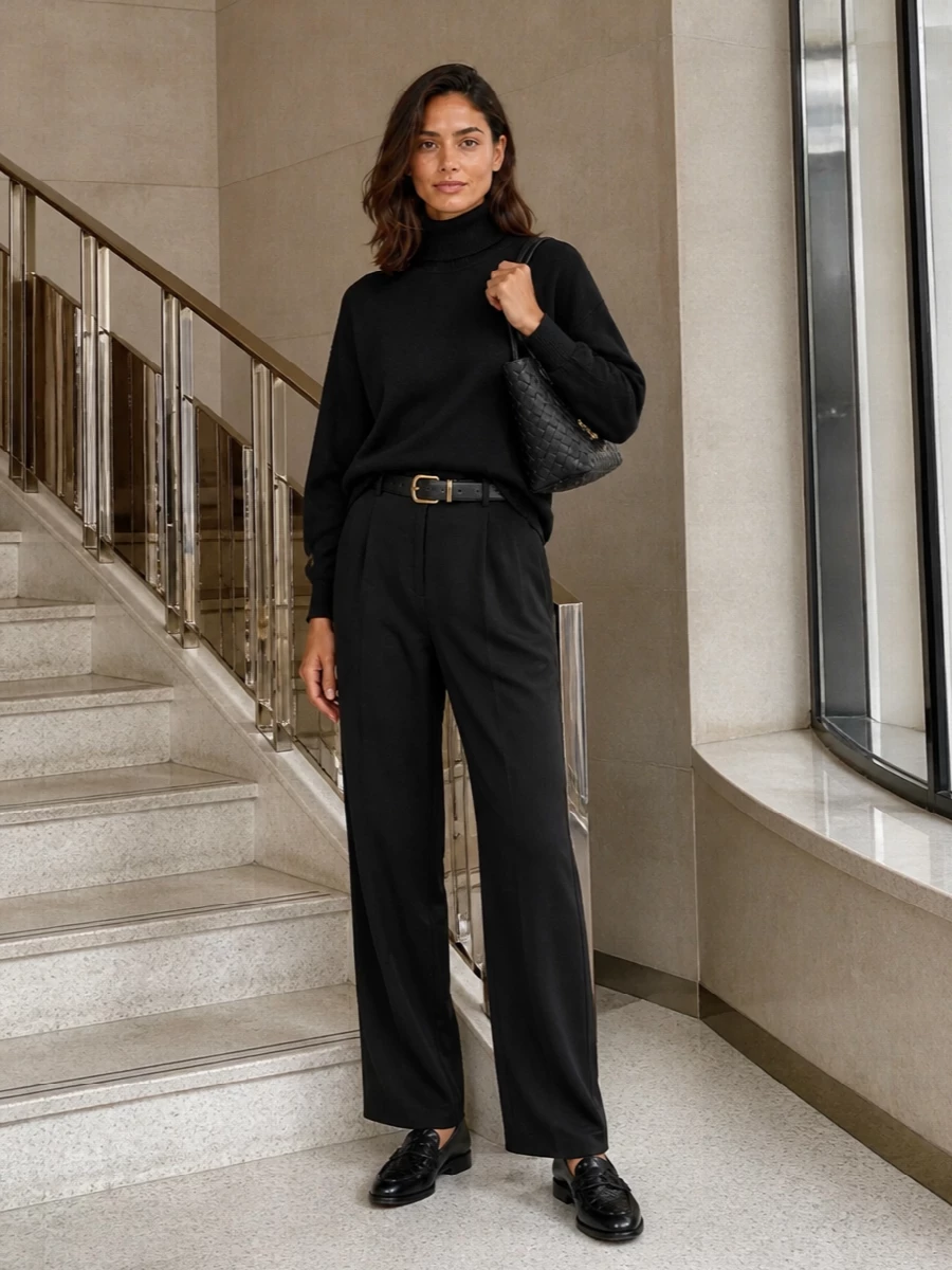 Bottega veneta black tailored pants outfit loafers