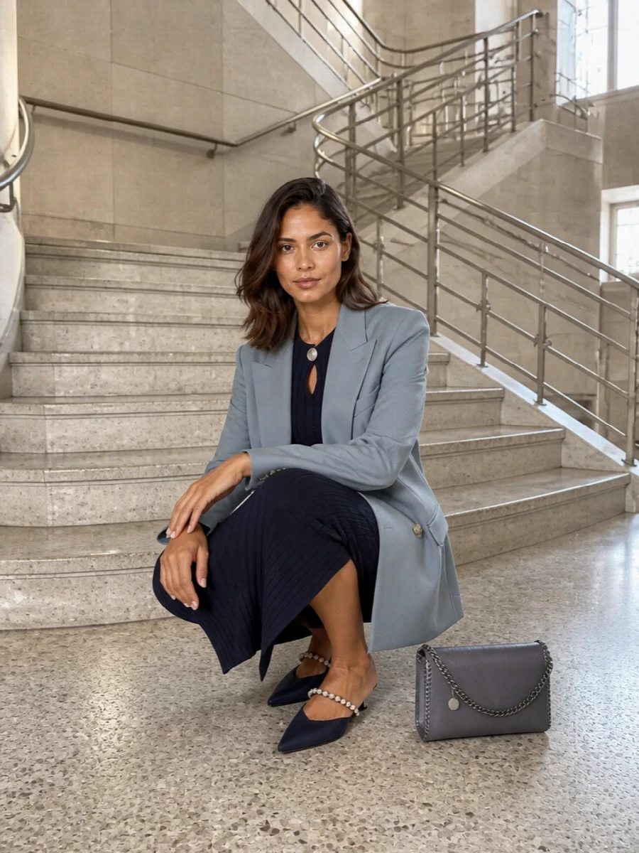 I am treating the Stella blazer as outerwear over a dress rather than building a full suit, because that contrast of structured tailoring over a sculpted knit column feels more modern than stacking multiple blazers or heavy trousers. The navy ribbed midi, jewel-tone mules and metallic-grey clutch create a deep, tonal column under the steel-blue jacket, elongating the frame while staying firmly in the quiet-luxury, city-evening space. It is sharp, minimal and confident without a single element shouting for attention.