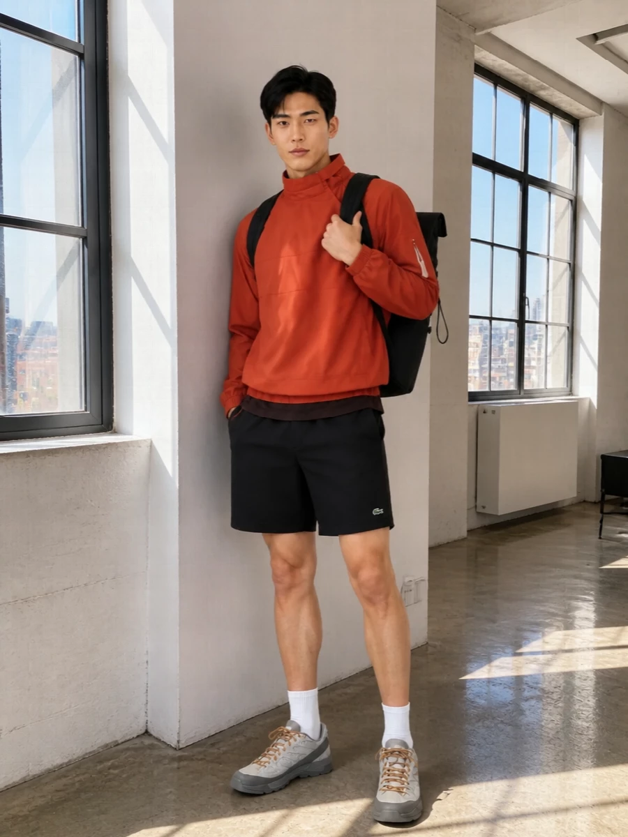 Lacoste anorak salomon trail sneakers outfit
