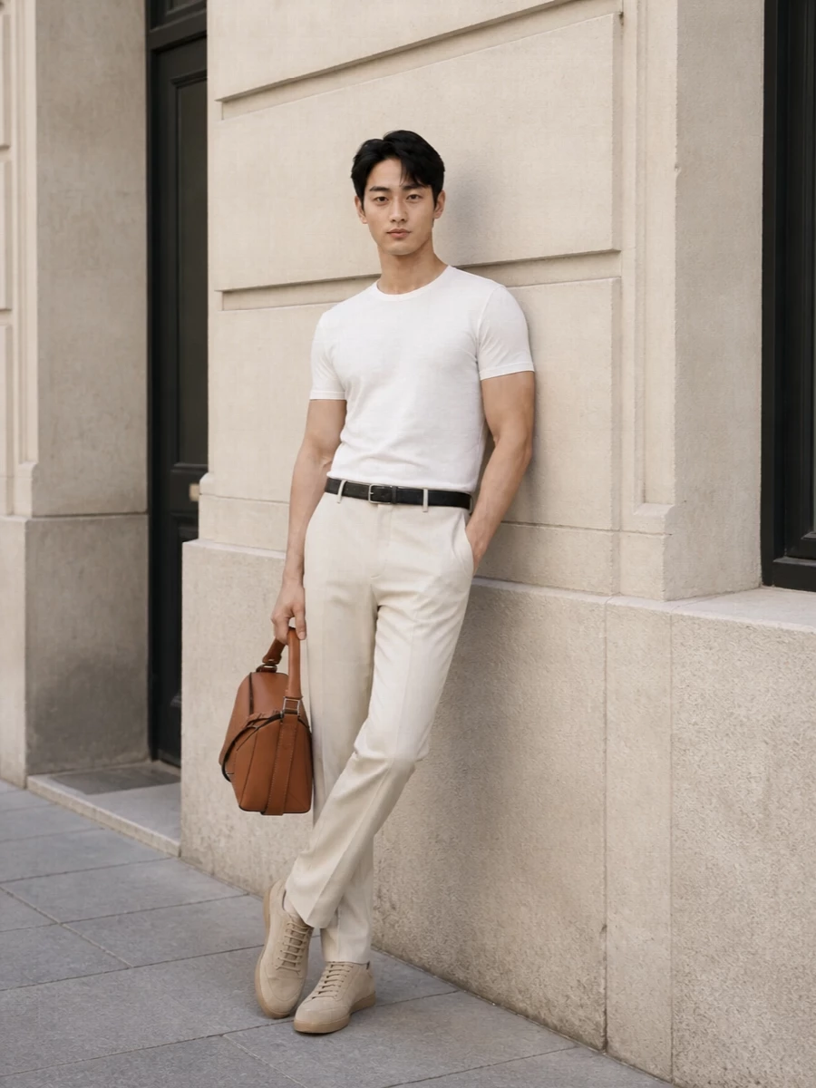 Zegna white t shirt beige tailored trousers outfit