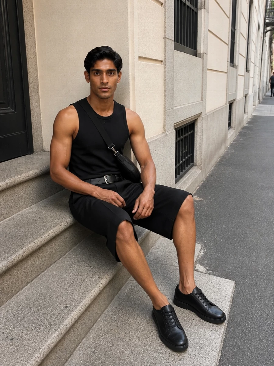 Courreges tank black tailored shorts sneakers