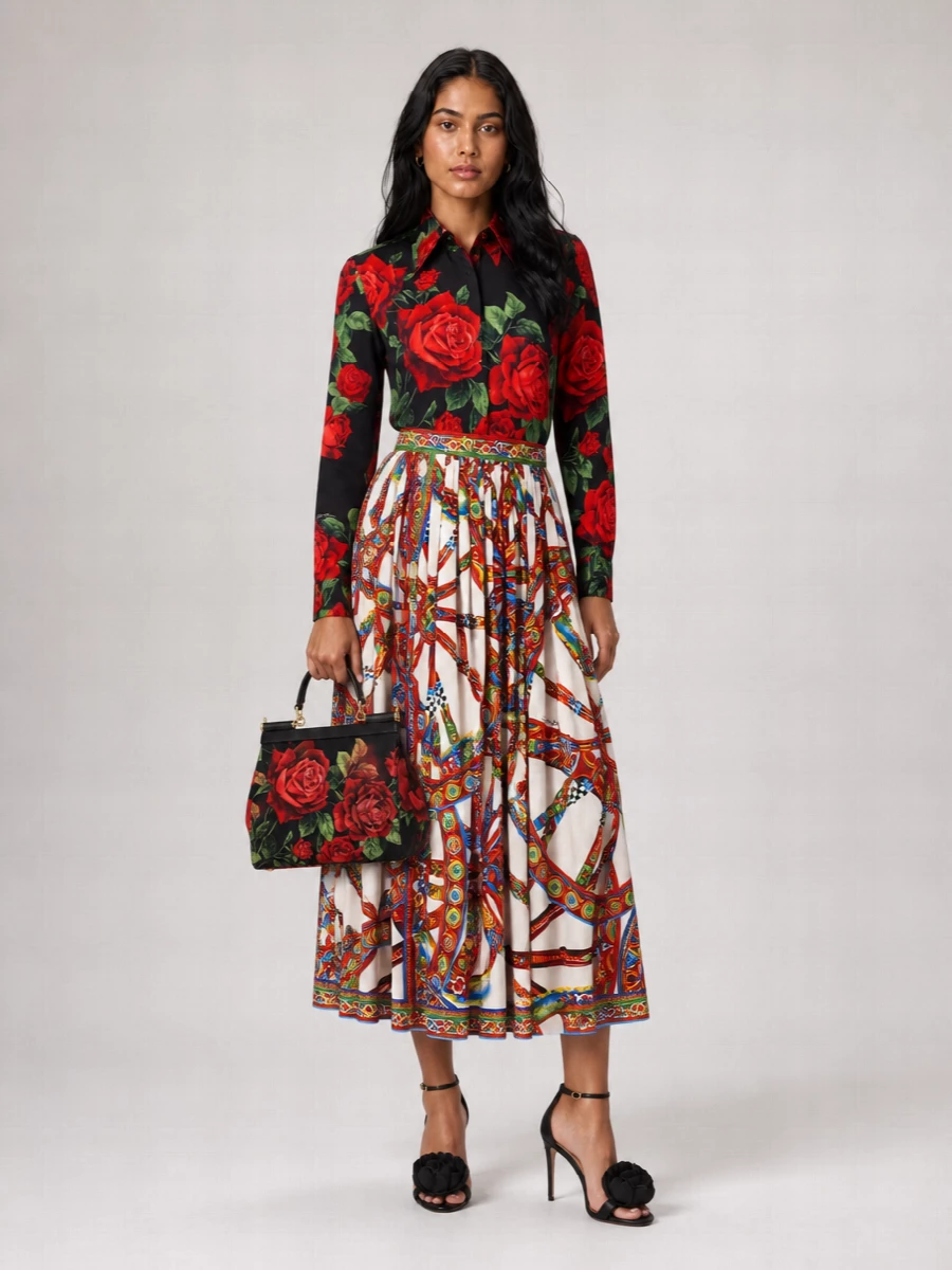 Dolce&Gabbana Printed Pleated Midi Skirt