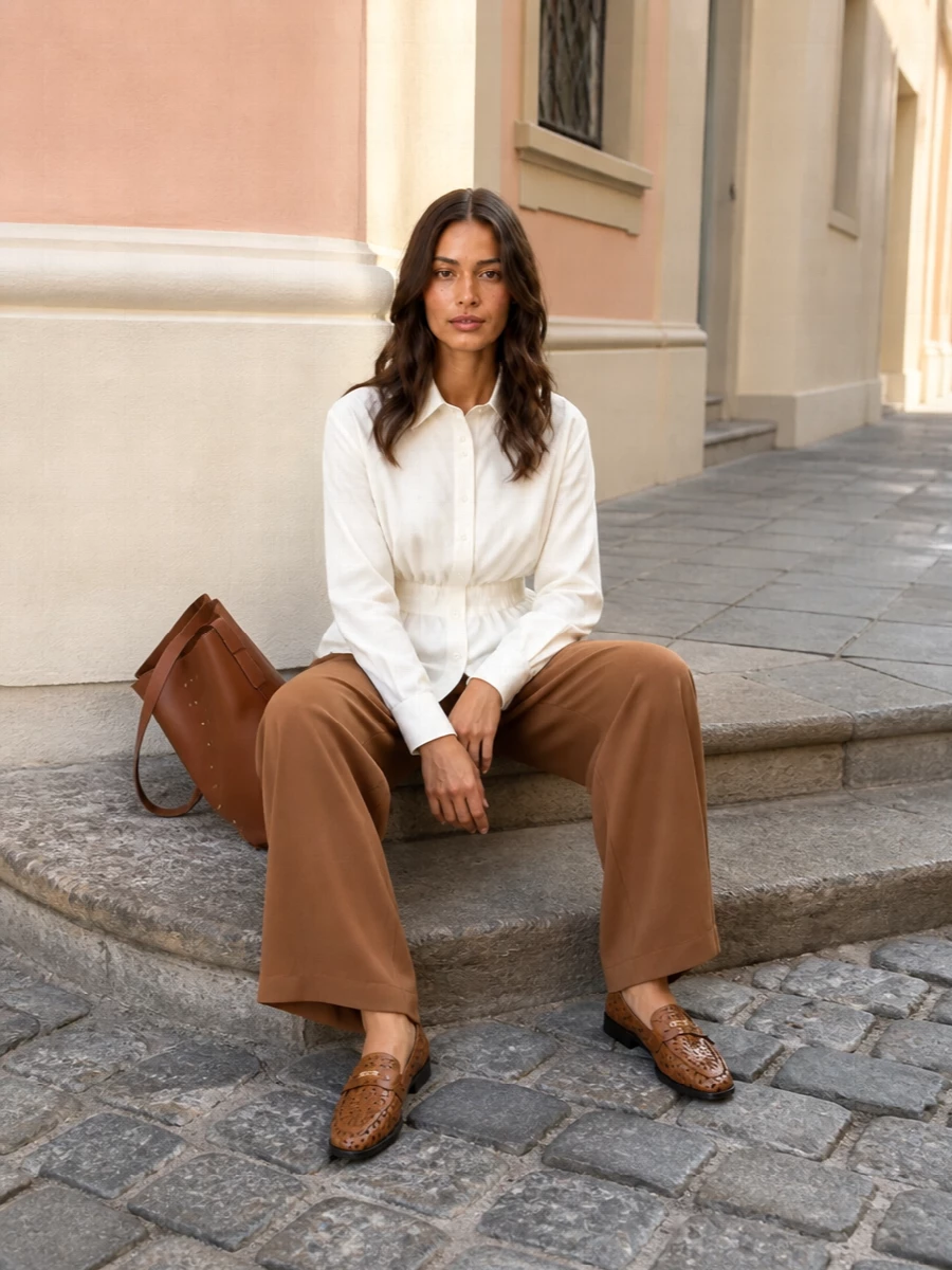 A cinched ivory shirt tucked into caramel wide-leg trousers creates a long, relaxed line that lets the woven cognac loafers feel intentional rather than casual. The neutral palette stays warm and collegiate without feeling literal, ideal for polished days in the city. Choosing the shirt-and-trouser route over a dress leans into the loafer’s preppy roots while keeping the mood quietly modern.