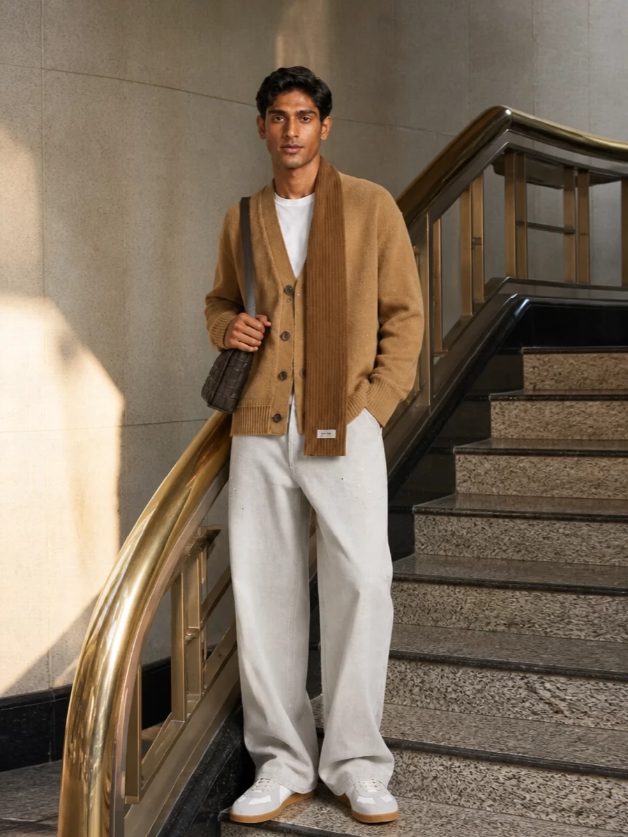 Maison margiela camel cardigan grey wide leg pants