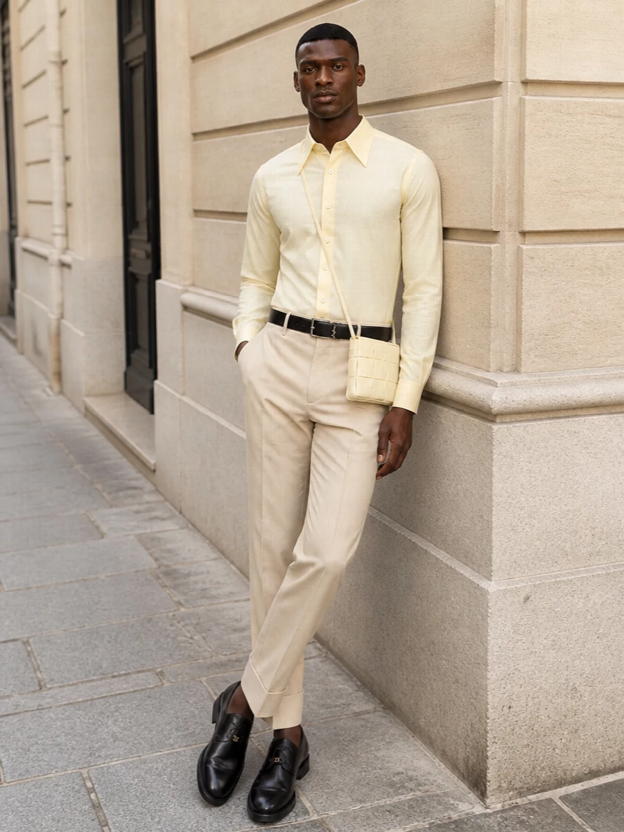 A pale butter Valentino shirt is paired with light beige cuffed trousers for a tonal FW look that feels polished yet understated. Black derbies and a slim black belt ground the softness with tailored precision, while the butter-cream Bottega crossbody adds a discreet echo of the shirt’s warmth for a quietly luxurious, evening-ready ensemble.