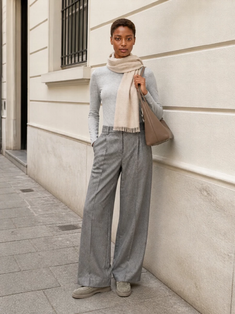 Brunello cucinelli grey wide leg trousers outfit