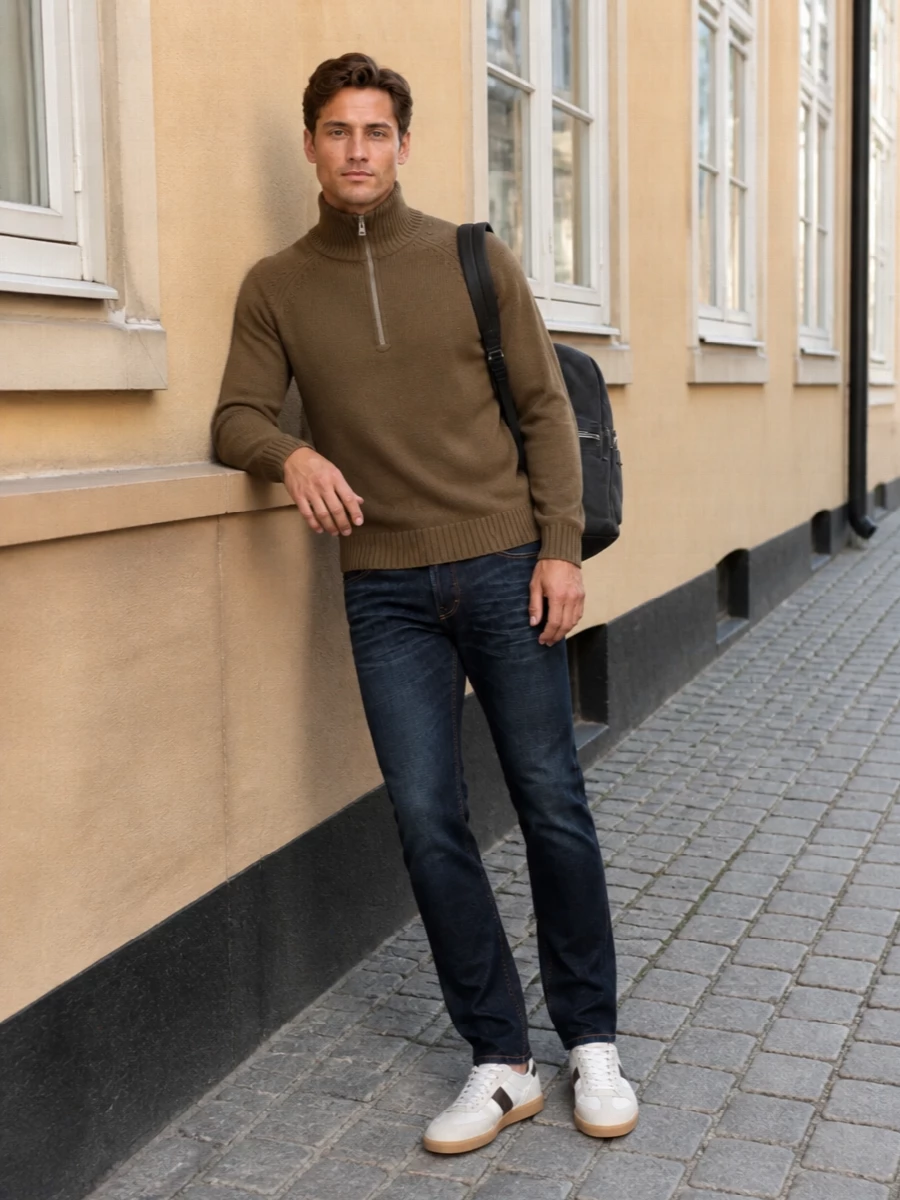 A taupe half-zip knit and dark-indigo denim frame the beige-and-white sneakers in a quietly sporty palette that still feels precise. The line is clean and easy, relaxed enough for weekends yet sharp enough for low-key dinners. A charcoal-black suede backpack underlines the understated, athletic mood without breaking the muted color story.