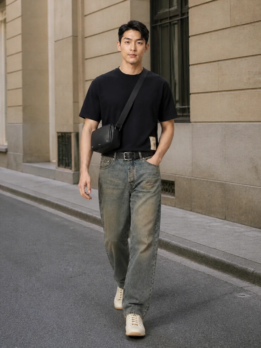 Jacquemus denim outfit black tee crossbody