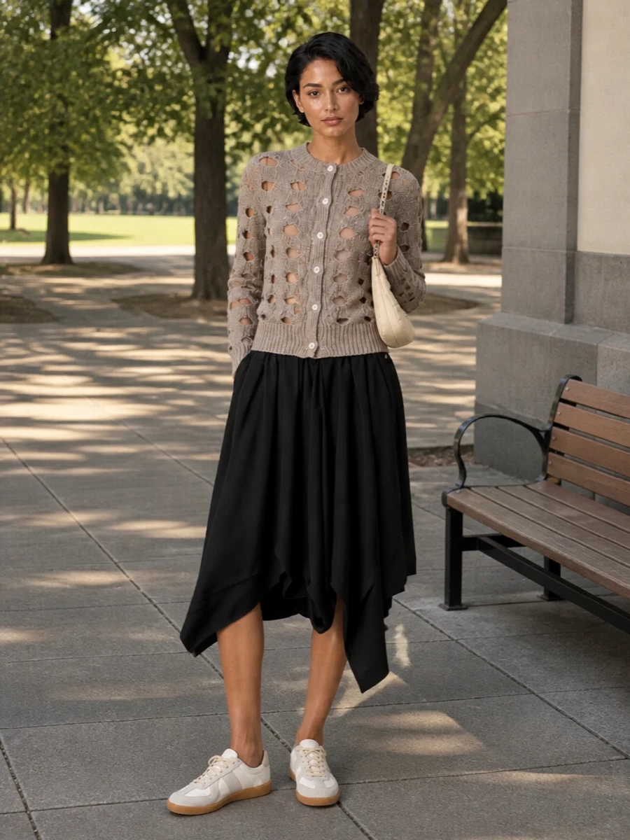 Comme cardigan black midi skirt margiela sneakers