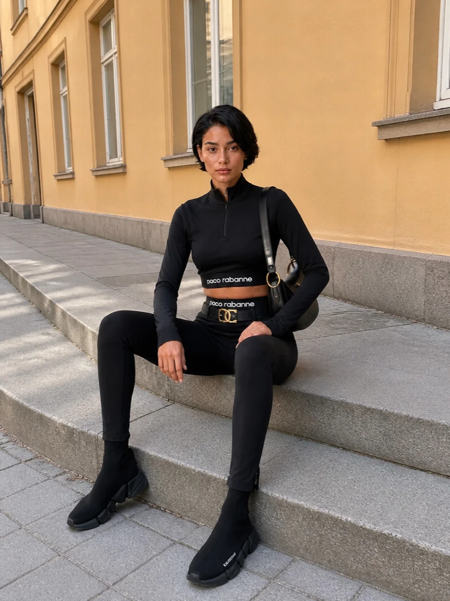 Paco rabanne black leggings cropped zip top outfit