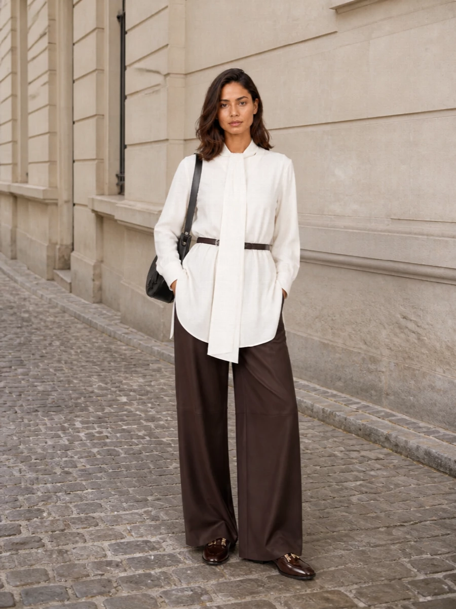 Loewe brown wide leg trousers ivory tunic