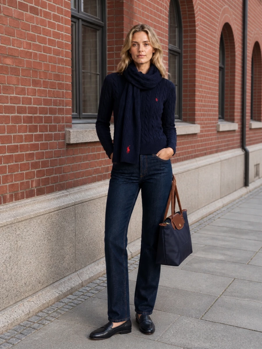 A deep navy cable knit paired with dark indigo straight denim keeps the palette restrained and quietly collegiate. Navy loafers and a structured tote refine the silhouette without pushing it out of casual territory. The matching cable scarf adds a subtle heritage note and extra warmth for cooler days.