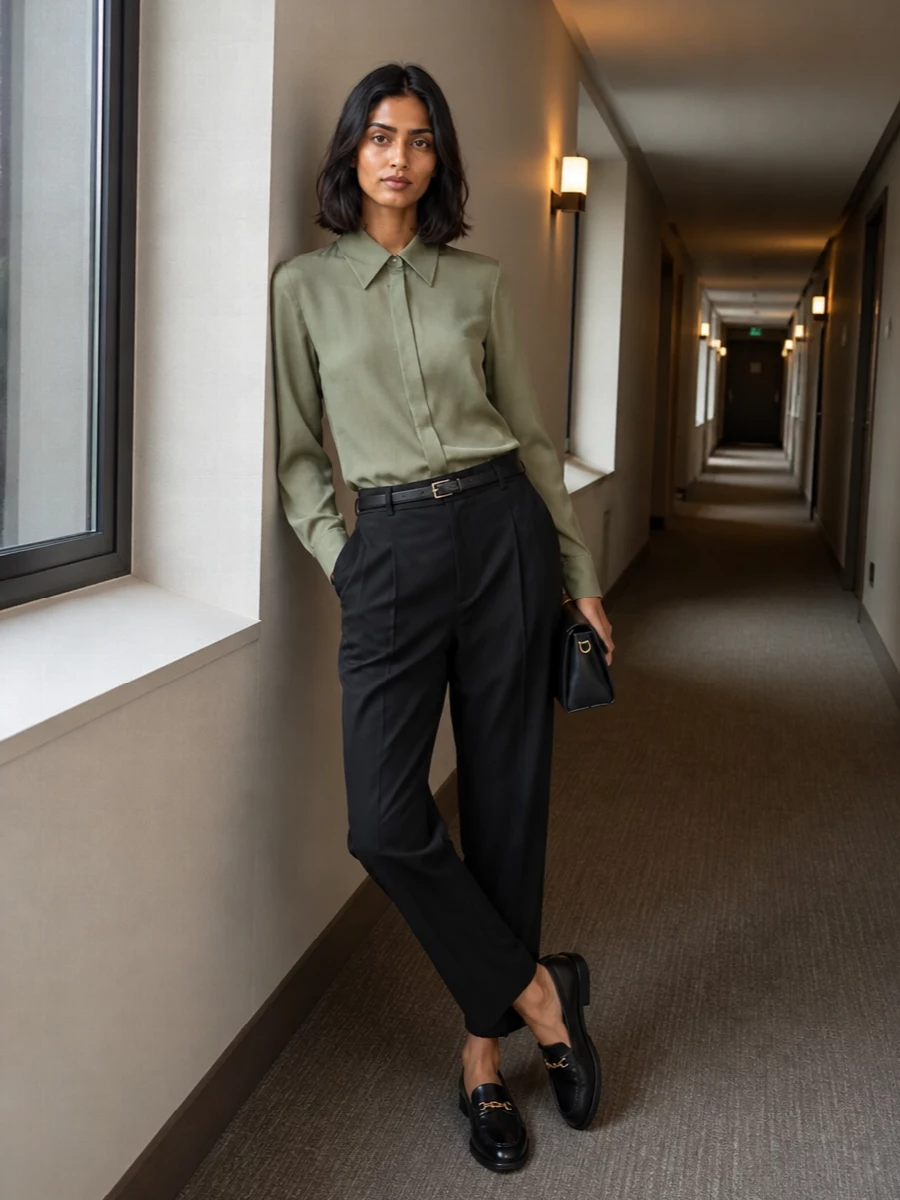 Ami paris black trousers sage shirt loafers