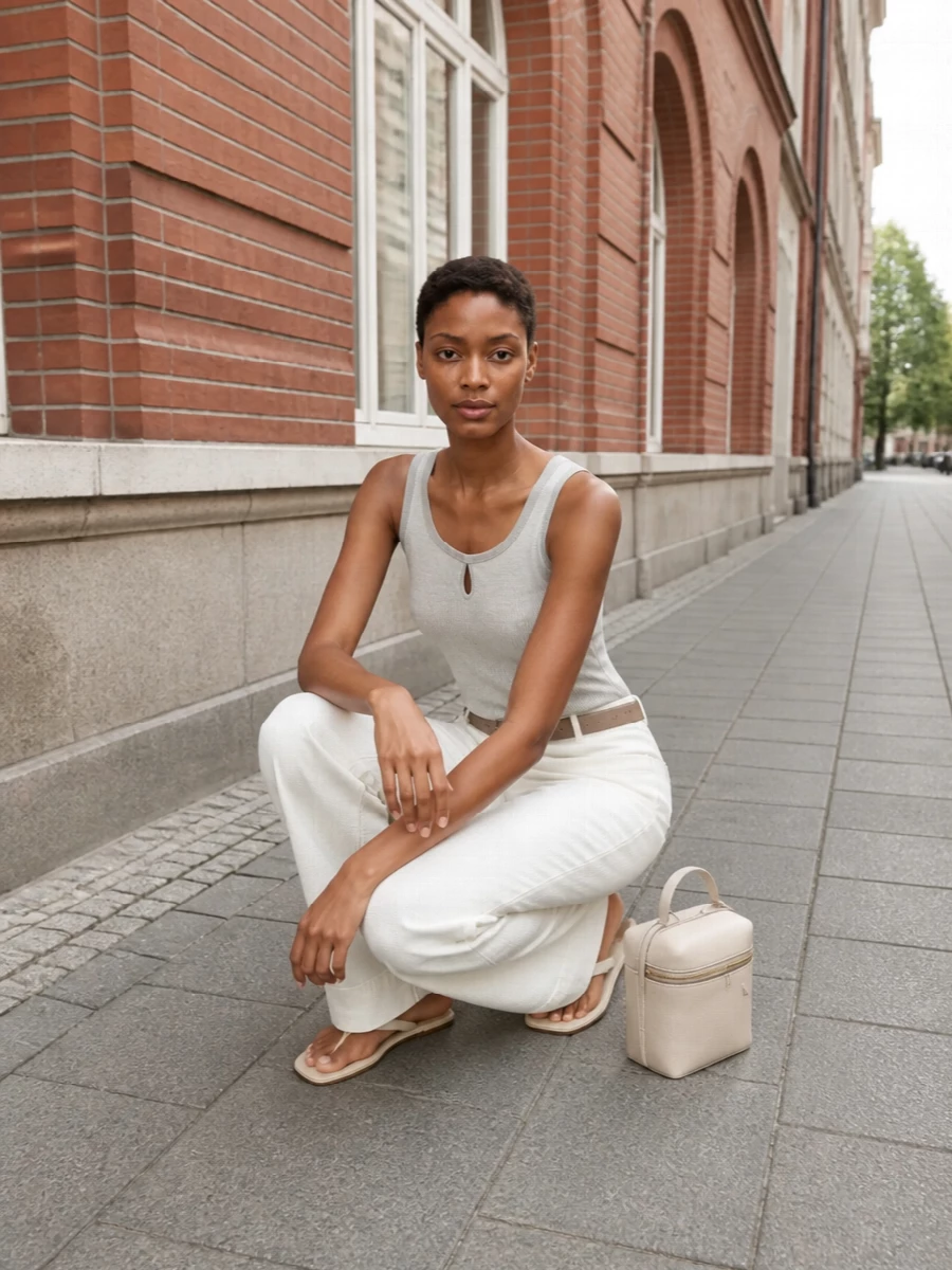Pale greys and soft whites keep this outfit calm and precise, letting the knit tank and tailored wide leg do the work. The cream slides and ivory box bag stay within the same cool-neutral family, so the proportions feel long and clean rather than fussy. A slim taupe belt is the one subtle accent, giving just enough definition at the waist while keeping the mood understated and modern.