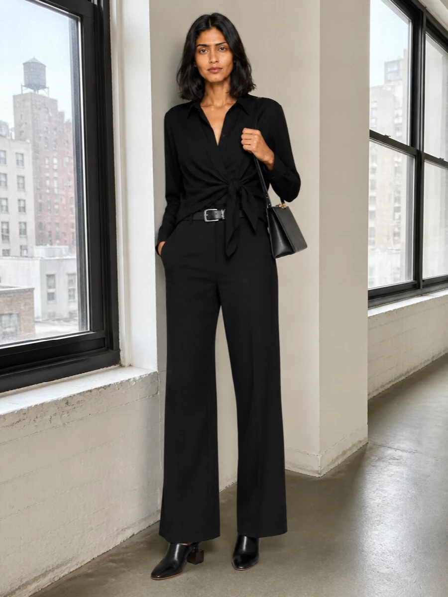 High-waisted black Jacquemus trousers are paired with the brand’s draped black wrap shirt to create a fluid, elongated column of monochrome tailoring. Sculptural black mules and a sharply structured black shoulder bag underscore the minimalist, quiet-luxury mood, while a slim black belt with silver hardware discreetly defines the waist for a refined SS evening look that slips from gallery to dinner with ease.