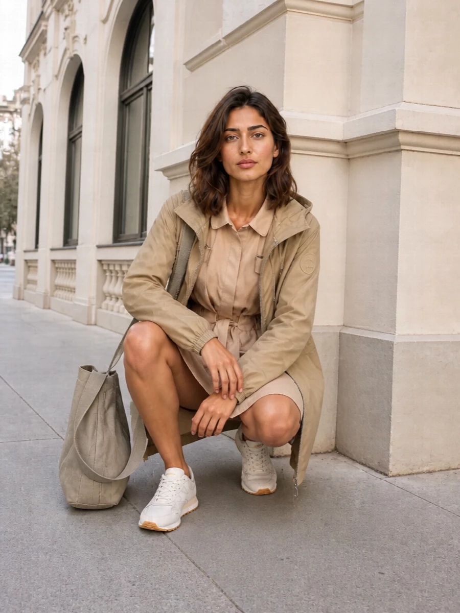 This comes together as a modern neutral city uniform built around clean technical lines. The sand parka slips over the belted shirt dress for a tonal, utility-leaning column, grounded by off-white runners and a soft cross-body that keep the mood relaxed but considered. Choosing the dress path avoids competing waistlines and lets the outerwear frame one uninterrupted silhouette instead of a more casual hoodie-and-pant pairing.