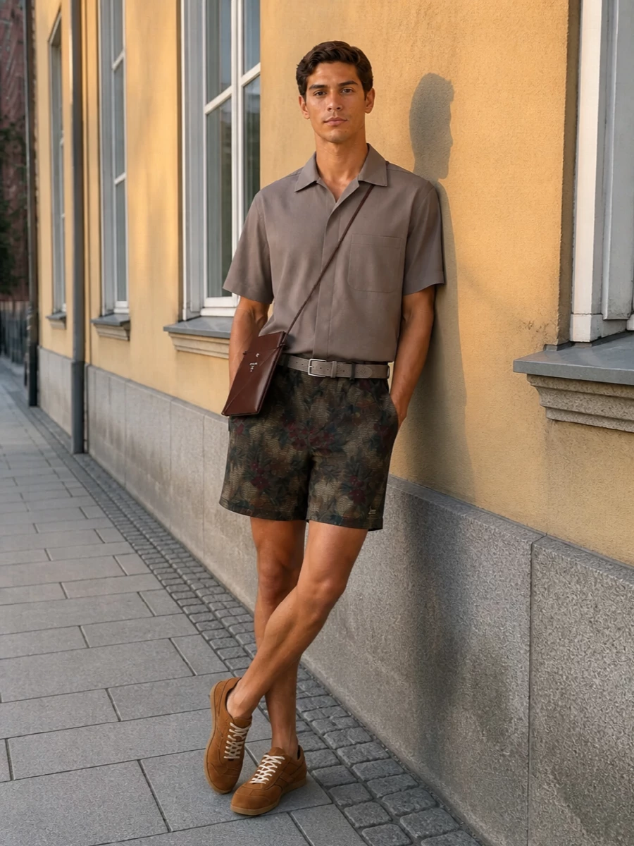 Herno floral shorts taupe shirt retro sneakers
