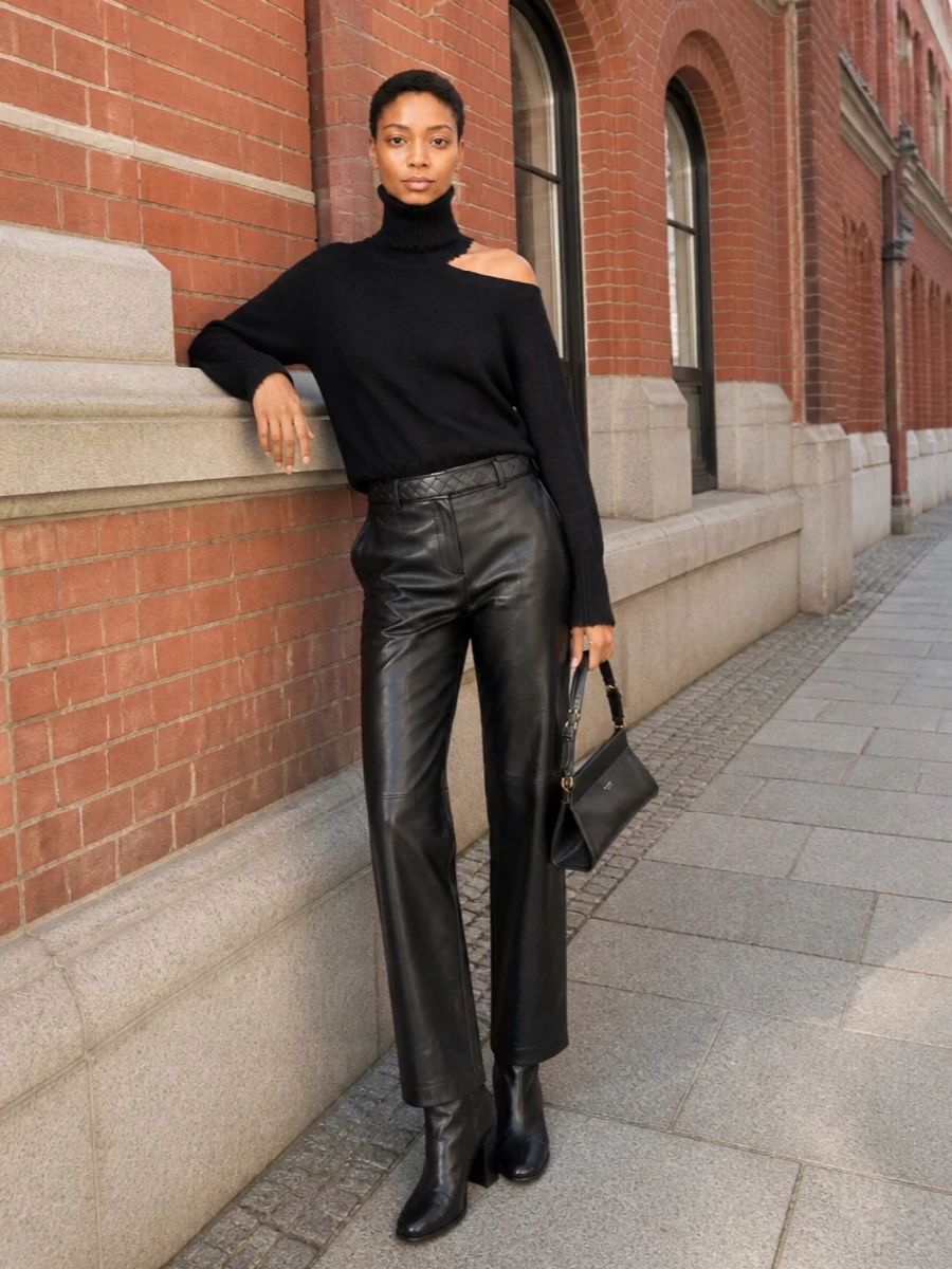 Uma Wang’s asymmetric turtleneck slips over the faux‑leather trouser to create a dark, elongated line that feels sharp but relaxed for night. Lemaire’s sculptural ankle boots and the Prada baguette keep everything lifted and precise, while the quilted belt adds just enough structure at the waist to balance the ease of the knit. It is a quietly subversive all‑black ensemble that moves easily from gallery drinks to late dinners.