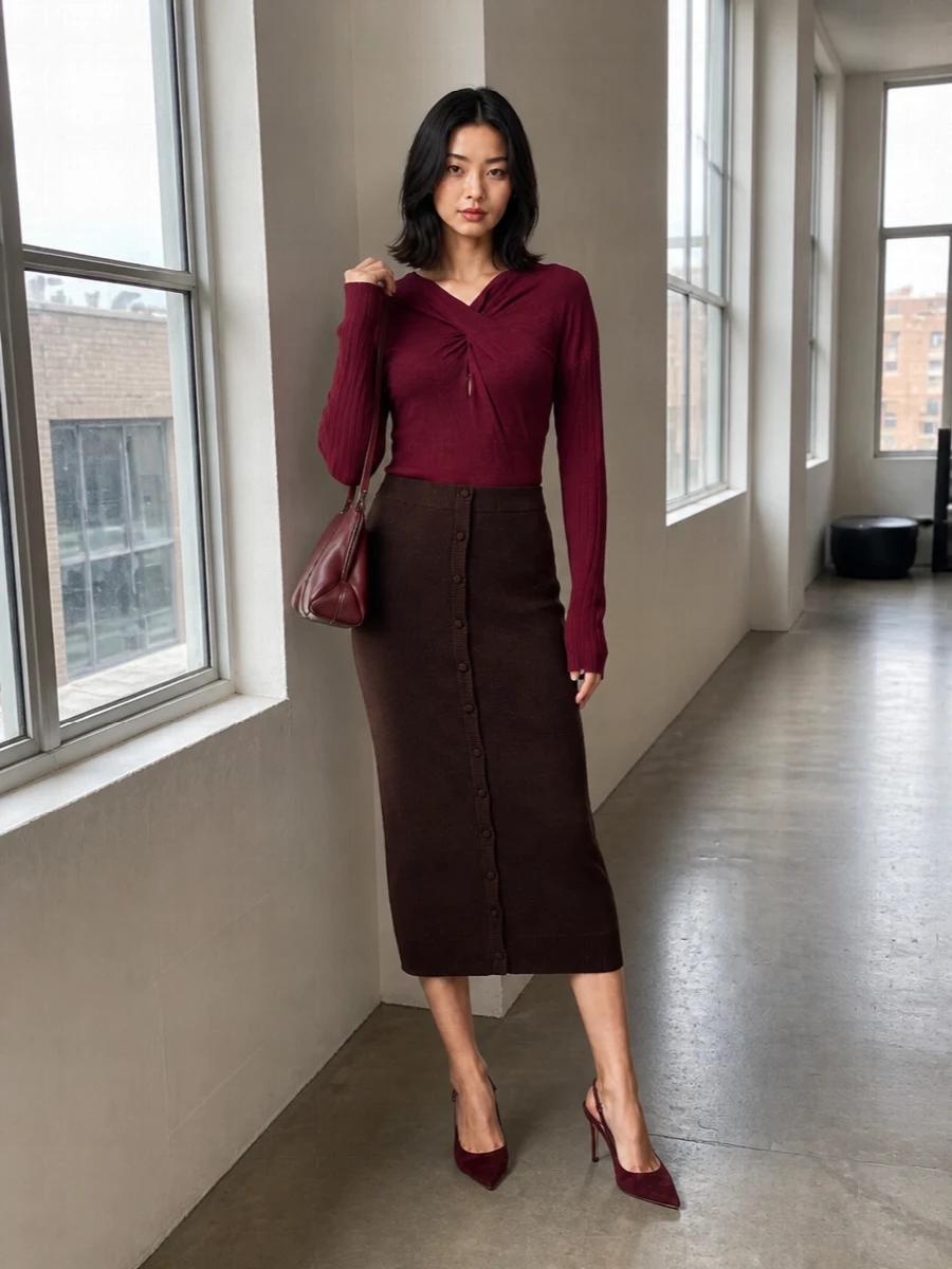 Cavalli burgundy knit victoria beckham midi skirt