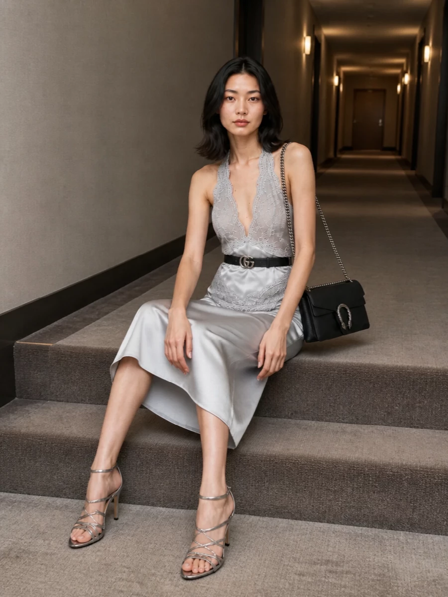 Gucci silver satin cocktail dress metallic heels
