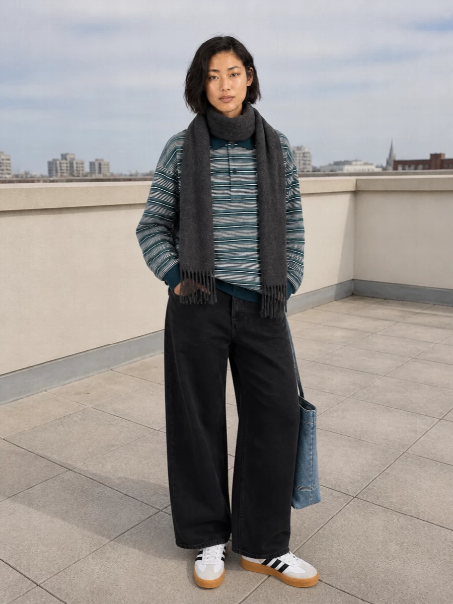 A striped Carhartt polo sits relaxed over washed black wide-leg denim for a clean, skatey take on preppy. White and black gum-sole Adidas keep it light on its feet, while the paint-splatter denim tote brings just enough texture and blue to echo the top. A charcoal scarf finishes it with quiet warmth and a low-key city edge.