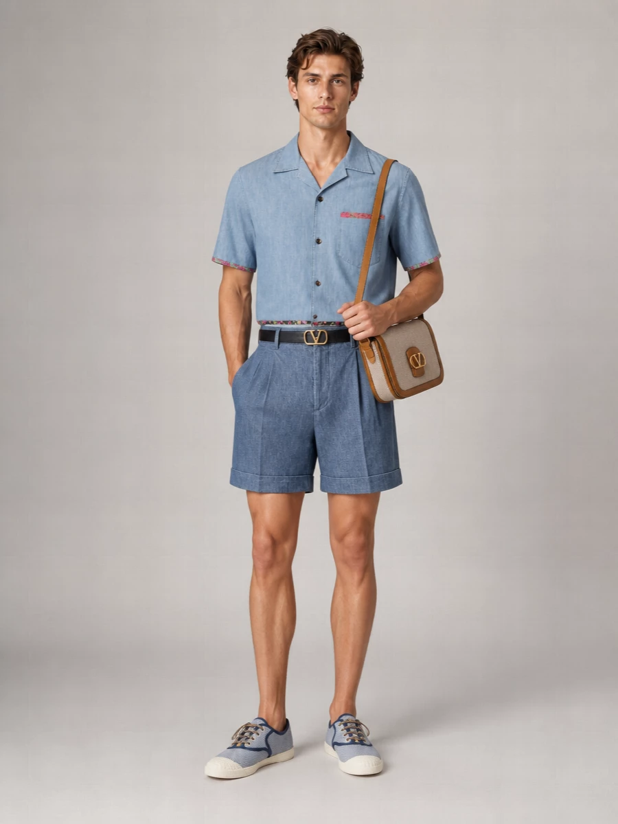 Valentino Denim Floral-Trim Shirt
