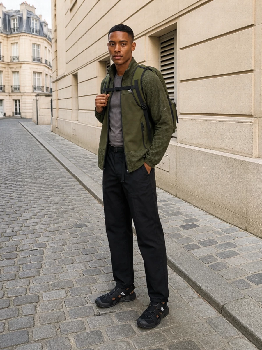 North face olive windbreaker black trail outfit