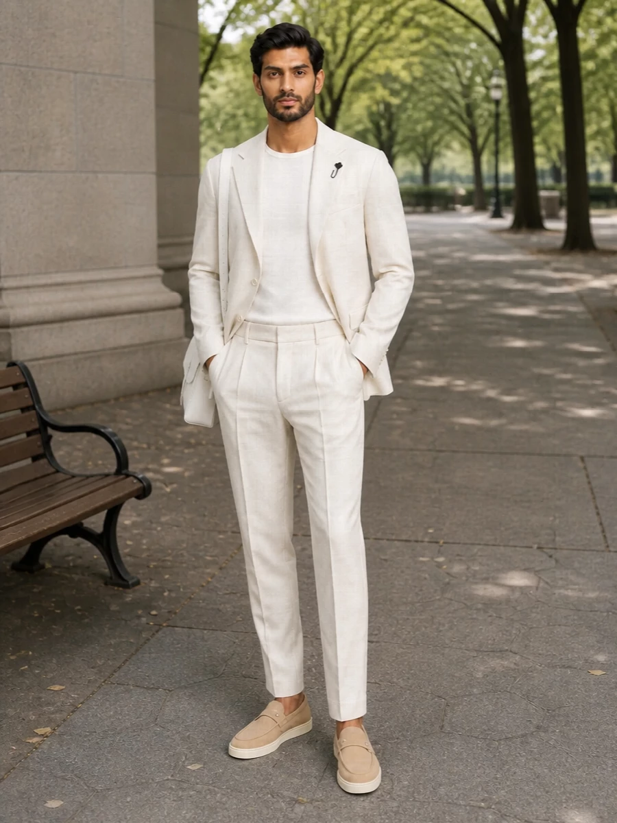 An ivory-to-taupe gradient keeps the tailoring calm and precise, reading as one continuous column rather than separate pieces. Off-white pleated trousers, sand loafers and a sculptural white shoulder bag stay firmly in the quiet luxury space while making this ready for warm-weather city weddings, terrace dinners or smart business travel. The proportions are classic and regular, so the interest comes from texture and tone instead of anything loud.